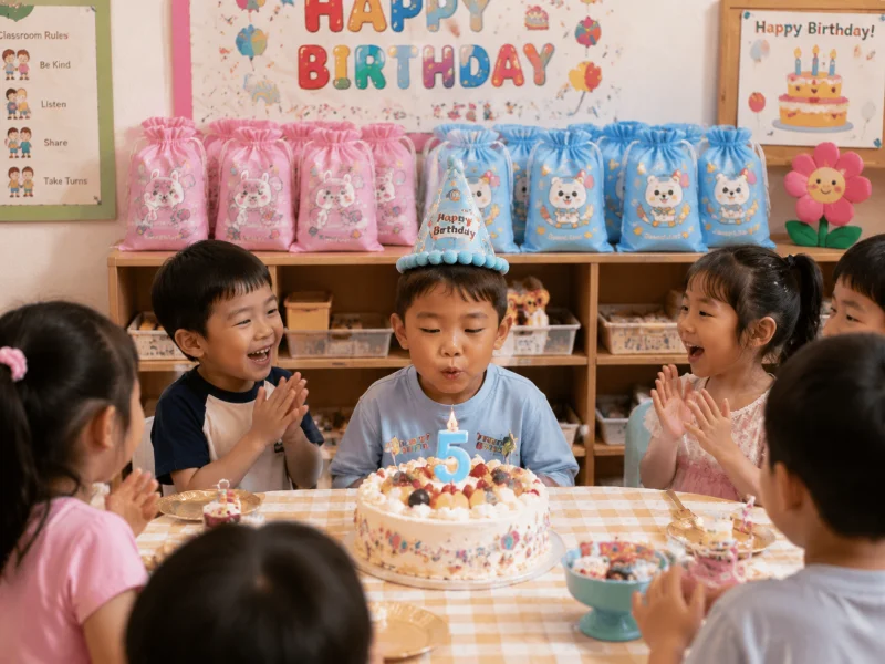 Children celebrating a birthday with cotton drawstring bags as party favors, illustrating Why Cotton Bags Are Popular for Kids Birthday Party Favors.