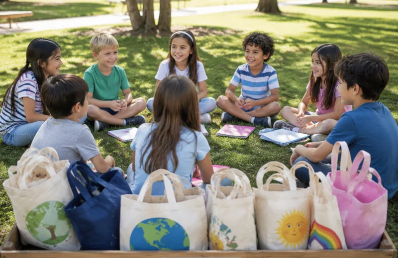 A group of children sitting on grass with reusable cotton bags, showing Why More Kids Brands Are Choosing Reusable Cotton Bags for Packaging.