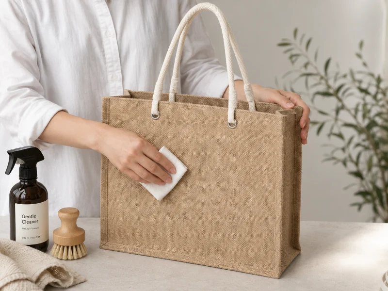A person wiping a jute tote bag with a cloth while cleaning supplies and a brush are placed on a table.