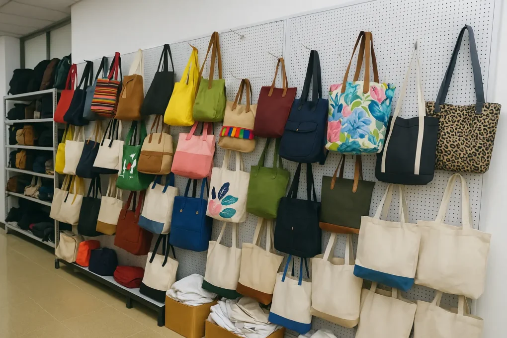 A wall display showing various tote bags in different colors, sizes, and styles arranged in a product showroom.
