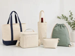 A collection of canvas bags in different styles including tote, drawstring, and pouch, illustrating Different Types of Canvas Bags for Business Use