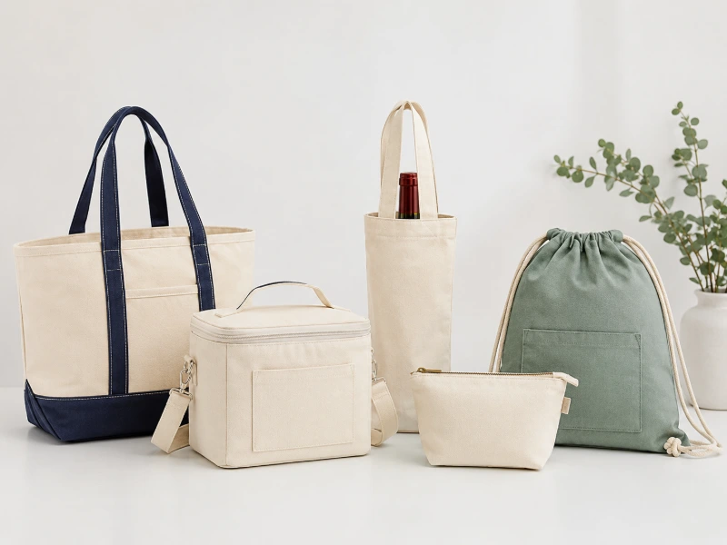 A collection of canvas bags in different styles including tote, drawstring, and pouch, illustrating Different Types of Canvas Bags for Business Use