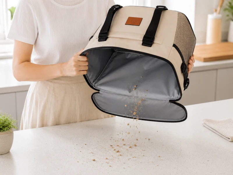 A person shakes crumbs out of an open insulated lunch bag onto a kitchen counter.