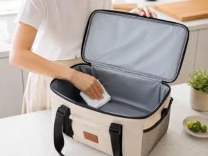 A person wipes the inside of an open insulated lunch bag with a cloth on a kitchen counter.