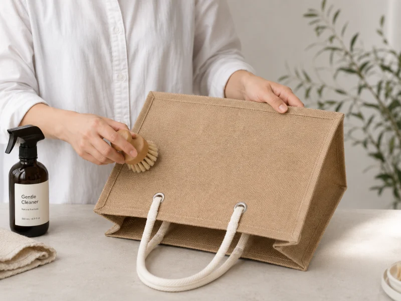 A person gently brushing the surface of a jute tote bag on a table with cleaning tools placed nearby.