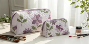 A set of floral quilted cosmetic bags used as a visual example for customizing cosmetic bags