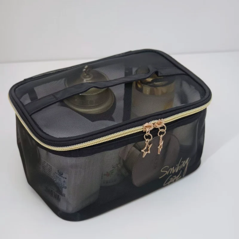 A mesh cosmetic pouch with a box shape and transparent view for easy visibility