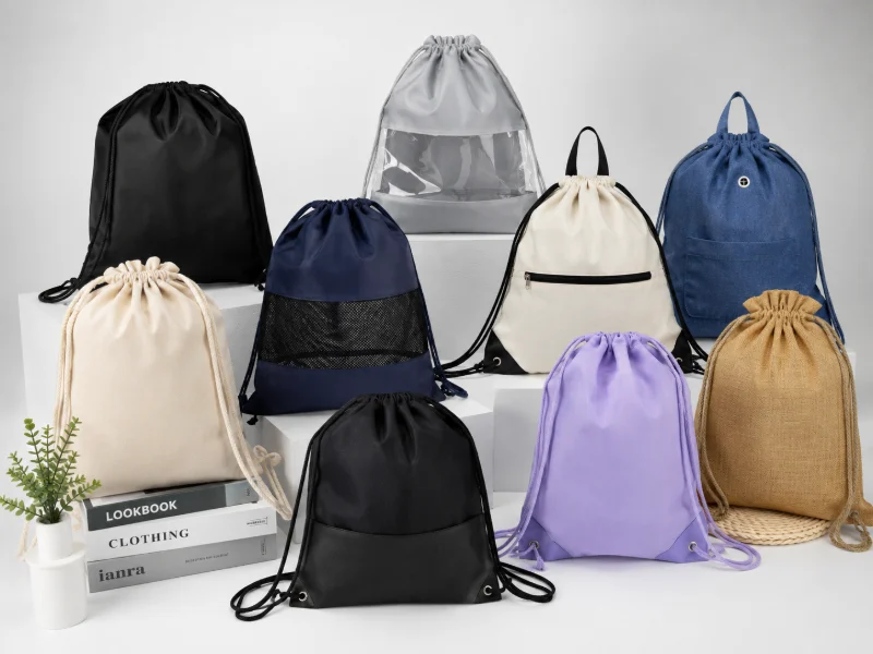 A variety of drawstring bags and drawstring backpacks in different materials and styles, illustrating Types of Drawstring Bags and Drawstring Backpacks