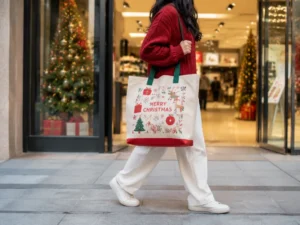 Person carrying a Christmas-themed canvas tote bag outdoors, showing What Are the Key Features of Custom Canvas Tote Bags for Winter