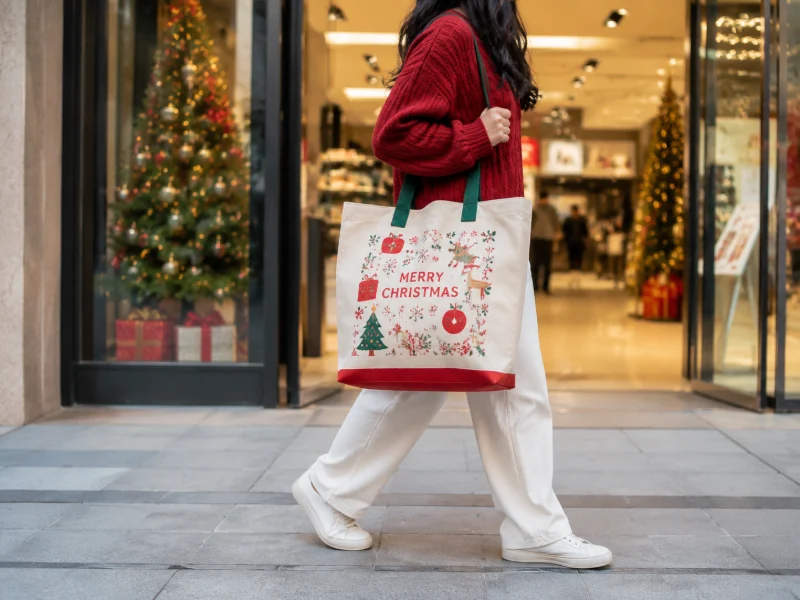 Person carrying a Christmas-themed canvas tote bag outdoors, showing What Are the Key Features of Custom Canvas Tote Bags for Winter