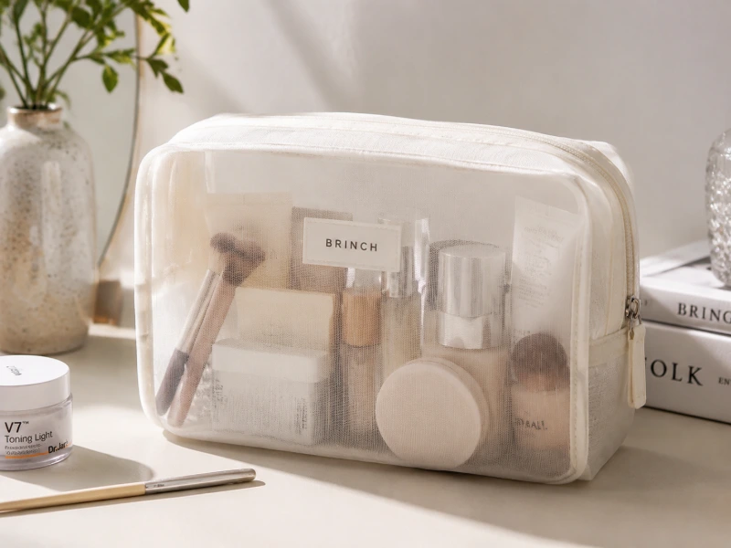 What Are the Pros and Cons of Cosmetic Bags for Brand and Bulk Orders? A mesh cosmetic organizer bag with a transparent structured design for storage