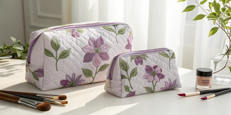 A floral quilted cosmetic bag set with two sizes placed on a table with makeup tools, illustrating What Is a Cosmetic Bag Everything You Need to Know