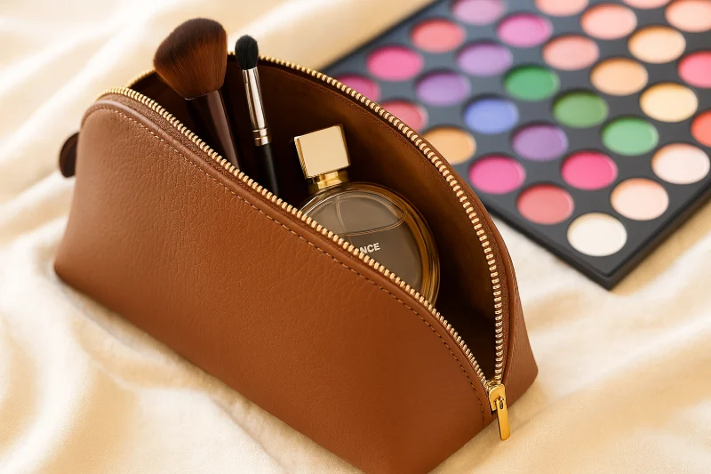 A zipper cosmetic bag holding makeup brushes and a perfume bottle next to a palette, showing What Is a Cosmetic Bag Everything You Need to Know