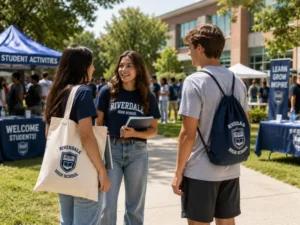 Students carrying tote bags and drawstring backpacks at a school event, illustrating what types of bags are most commonly used for school events and student activities