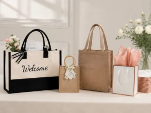 A set of custom wedding bags including canvas tote, jute bag, and gift bag, illustrating What Types of Custom Bags Are Commonly Used in Weddings