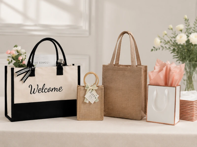 A set of custom wedding bags including canvas tote, jute bag, and gift bag, illustrating What Types of Custom Bags Are Commonly Used in Weddings