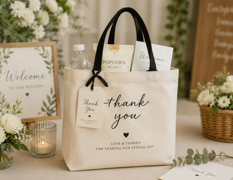 A close-up of a wedding thank you bag with gifts inside, demonstrating What Types of Custom Bags Are Commonly Used in Weddings