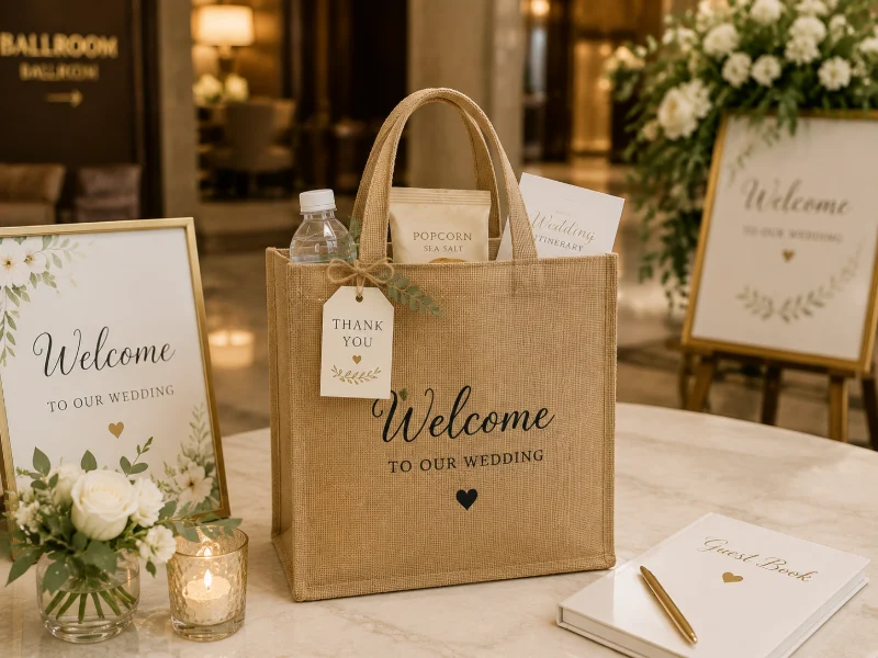 A jute wedding welcome bag with gifts placed on a reception table, illustrating What Types of Custom Bags Are Commonly Used in Weddings