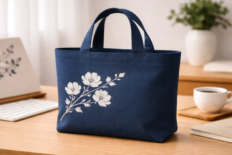 A navy blue tote bag with white floral embroidery sits on a wooden desk in a clean workspace setting.