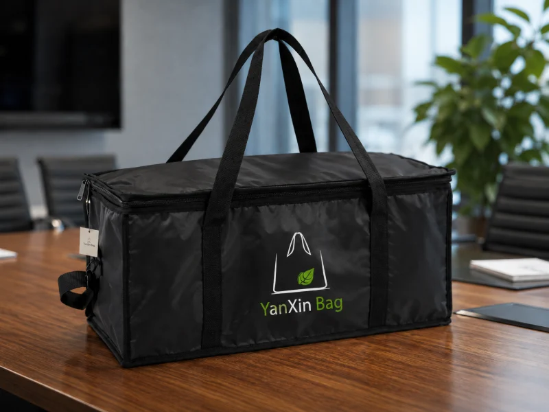 A black insulated delivery bag with handles and a shoulder strap placed on a table for frozen food transport use.