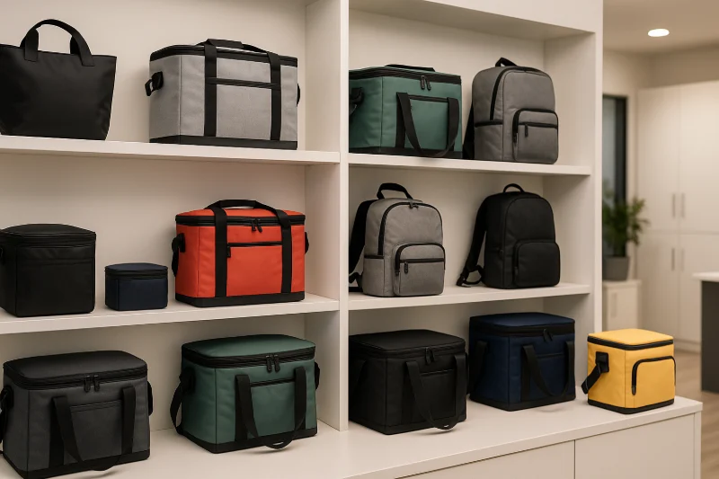 A shelving display shows assorted insulated bags in different shapes, sizes, and colors arranged in a showroom setting.