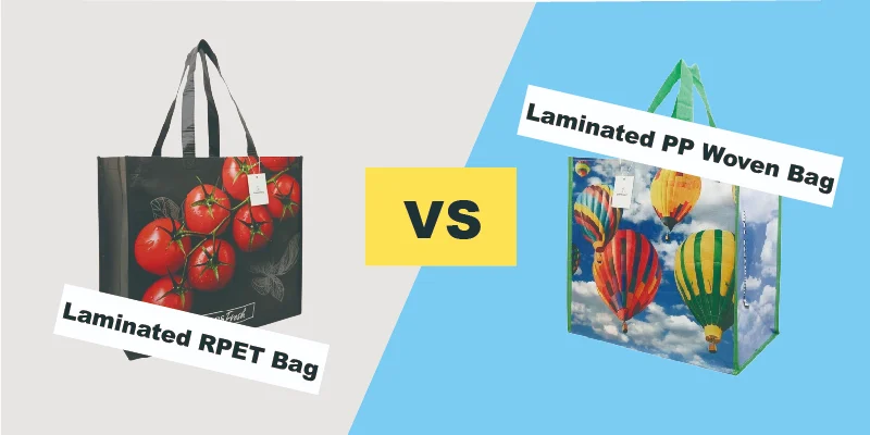 Laminated RPET Bag vs Laminated PP Woven Bag comparison showing a laminated RPET bag on the left and a laminated PP woven bag on the right.