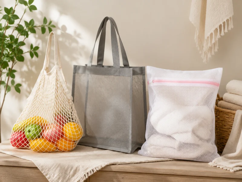 What Are the Pros and Cons of Mesh Bags? Different mesh bags are displayed together with a produce bag, tote bag, and storage pouch.