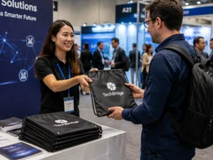 What Can Promotional Backpacks Do for Your Company? A branded drawstring backpack is being handed out at a business event.