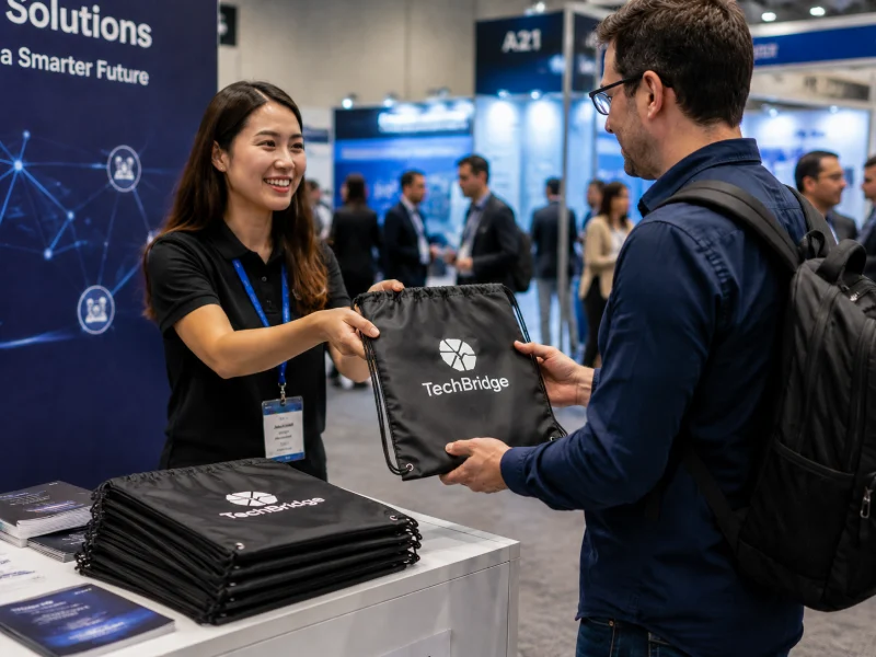 What Can Promotional Backpacks Do for Your Company? A branded drawstring backpack is being handed out at a business event.