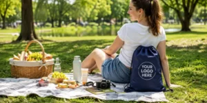How Foldable Bags Meet Modern Consumer Needs showing a person using a foldable drawstring bag during an outdoor picnic.