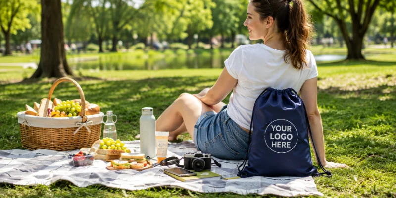 How Foldable Bags Meet Modern Consumer Needs showing a person using a foldable drawstring bag during an outdoor picnic.