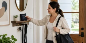 How to Use a Foldable Bag More Efficiently? A person places a compact foldable bag on a small shelf near the entryway while carrying a shoulder bag.