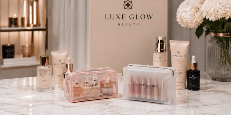 PVC Bags for Different Applications: From Packaging to Everyday Use featuring transparent PVC bags displayed with beauty products on a countertop.