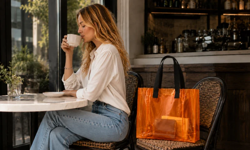 A transparent vinyl bag with black handles placed on a chair in a casual indoor setting.
