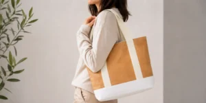 Why Do Different Tyvek Bags Look and Feel So Different? A brown and white Tyvek tote bag with wide handles is carried over one shoulder.