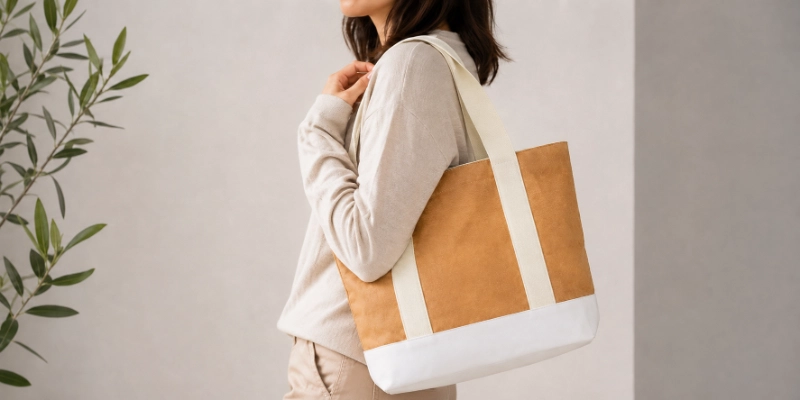 Why Do Different Tyvek Bags Look and Feel So Different? A brown and white Tyvek tote bag with wide handles is carried over one shoulder.