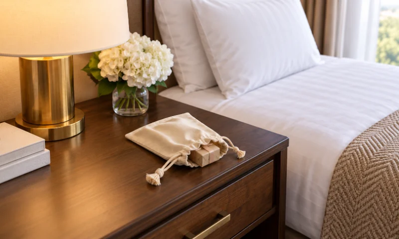 Common Uses of Cotton and Canvas Bags in Hotels shown with a cotton drawstring bag placed on a hotel bedside table beside a bed and lamp.