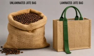 Laminated vs Unlaminated Jute Bags are shown side by side, with an open burlap-style sack on the left and a structured jute tote bag on the right.