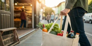 What Are Canvas Bags Used For shown with a person carrying a canvas tote bag filled with groceries while walking outside a local shop.