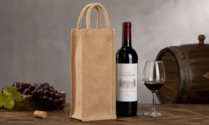 Why Choose Jute Bags for Wine and Bottle Packaging? A natural jute wine bottle bag is displayed beside a wine bottle and glass.