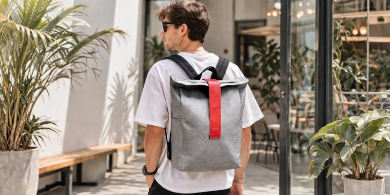 Why Tyvek is the Perfect Choice for Tote Bag Marketing shown with a person carrying a gray Tyvek backpack with a red front strap.