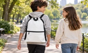 Is Tyvek Eco-Friendly featuring a white Tyvek backpack with black trim and shoulder straps being carried outdoors.