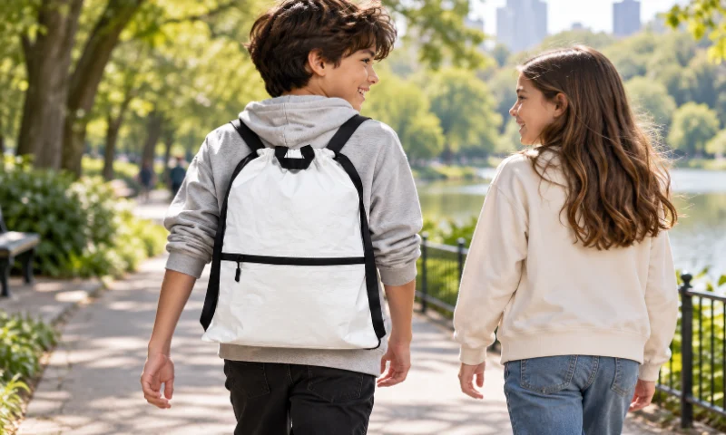 Is Tyvek Eco-Friendly featuring a white Tyvek backpack with black trim and shoulder straps being carried outdoors.