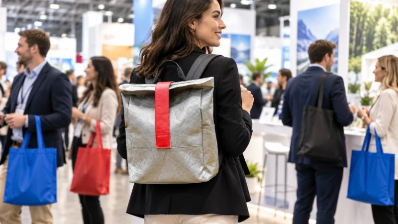 Tyvek vs. Non-Woven Bags for Trade Shows: When to Use Each featuring a gray Tyvek backpack being carried at a trade show.