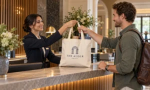 Why Are More Hotels Using Cotton and Canvas Bags? A hotel staff member hands a reusable tote bag to a guest at the reception desk.