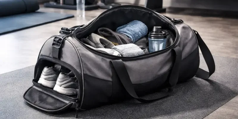 A black gym bag style rests on a gym floor with shoes in a separate compartment and workout gear neatly packed inside.