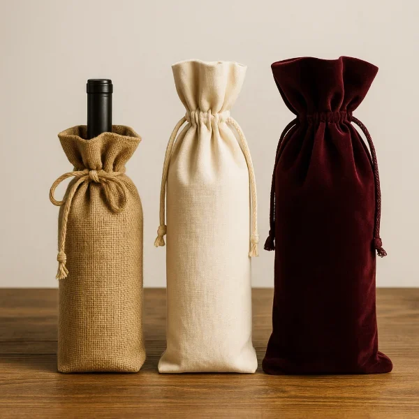Three drawstring wine bags in jute, cotton, and velvet for gifting