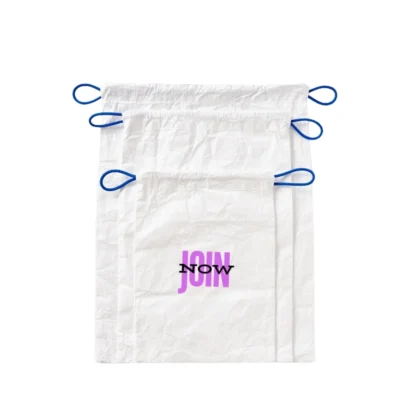 Tyvek drawstring bags in white with blue cords shown in different sizes and crinkled texture