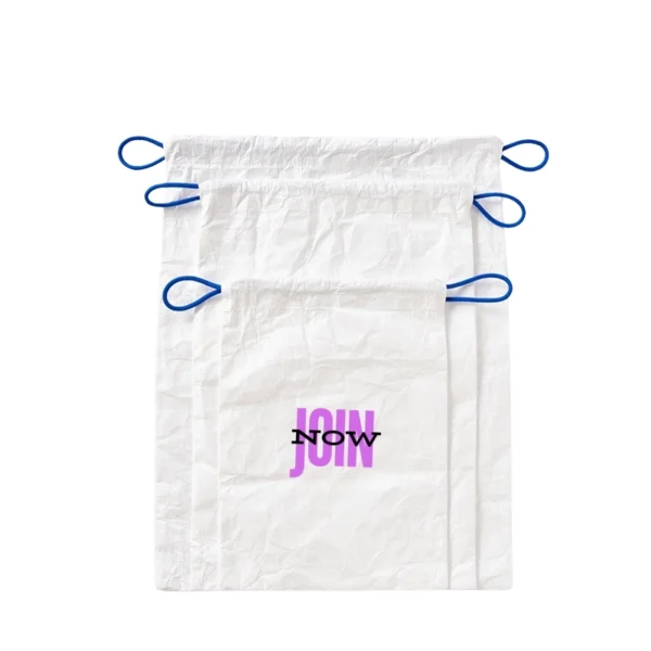 Tyvek drawstring bags in white with blue cords shown in different sizes and crinkled texture