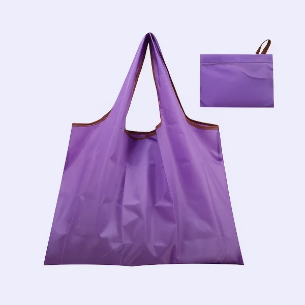 Front view of a purple foldable polyester shopping bag with brown trim and folded version shown, customizable in size, material, style, and printing